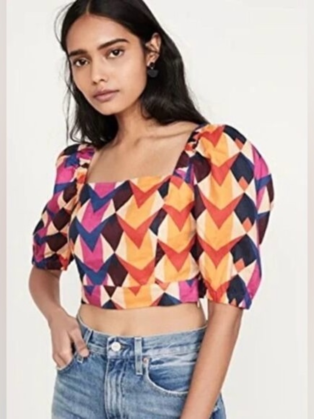 FARM Rio Lindeza Grafica Multicolor Geometric Print Cropped Linen Top Size Small